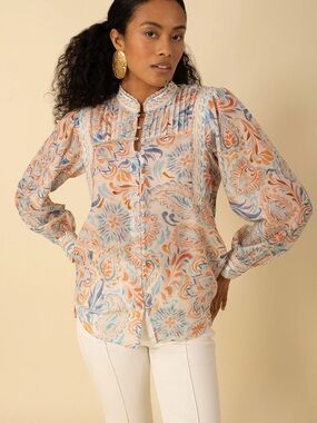 Hale Bob Hale Bob Calliope
Voile Top XL Paisley Silk Blend Pleated Lace Top‎